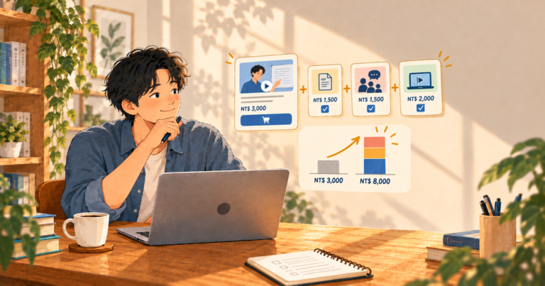 課程創作者坐在筆電前托著下巴,身旁浮現課程、加價購選項與上升的長條圖,思考如何提高客單價